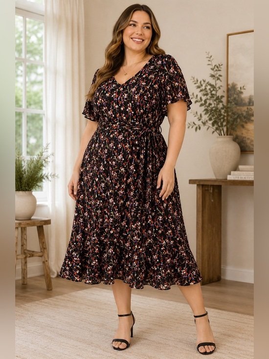 Lane Bryant Dresses & Skirts - Lane Bryant Shimmer Floral Tie Waist Midi Dress Size 16 Flutter Sleeve Back Zip